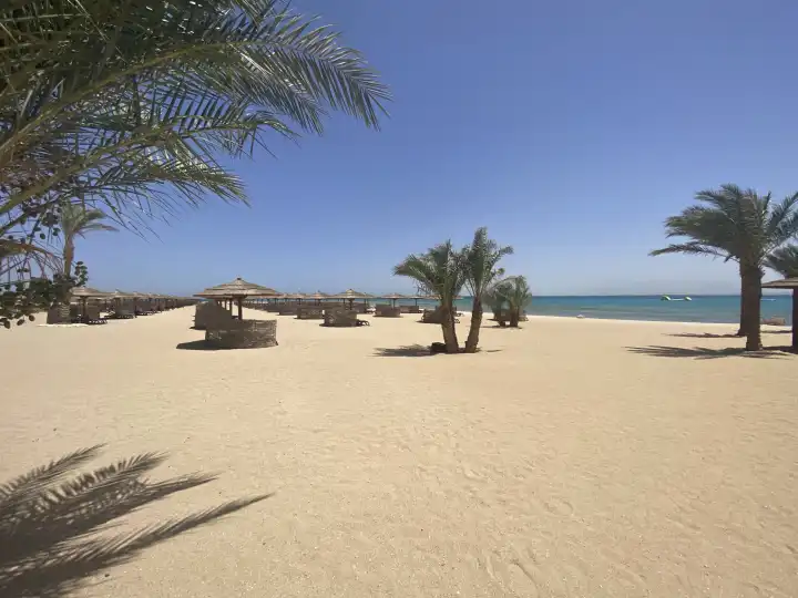 No tourists, empty umbrellas , soma Bay, Egypt, Africa