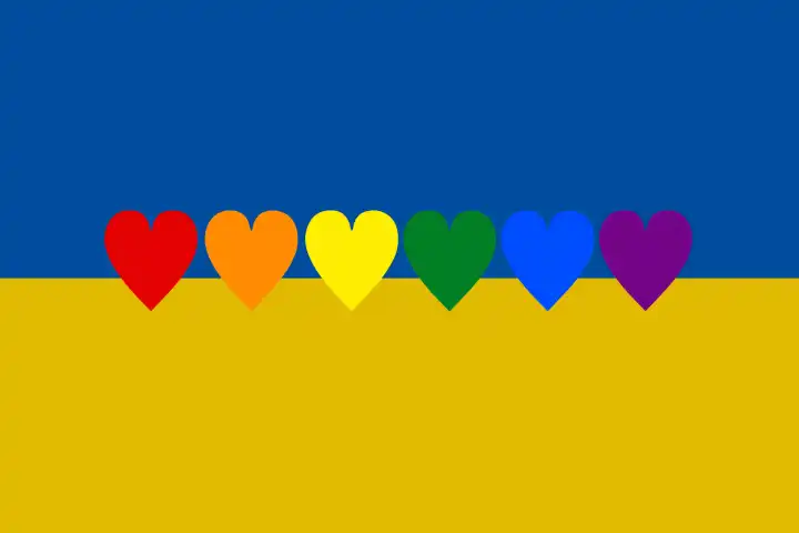 Landesflagge von der Ukraine mit bunten Regenbogenherzen Symbolbild