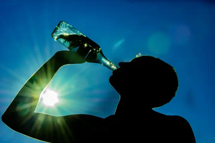 Mann trinkt Wasser in der strahlenden Sonne
