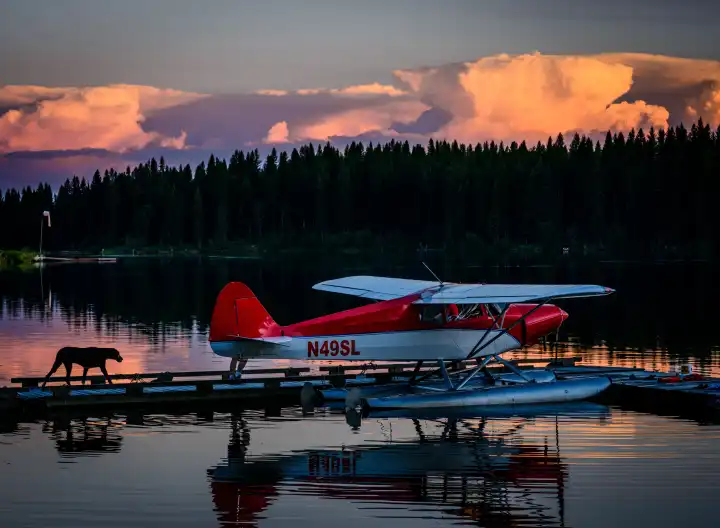Wasserflugzeug und Hund vor Gewitterwolken am Stillwater Lake nahe Whitefish, Montana.