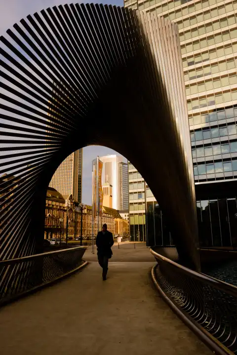 Sculpture in front of the City-Haus in Frankfurt am Main. The Pollux highrise can be seen in the background.