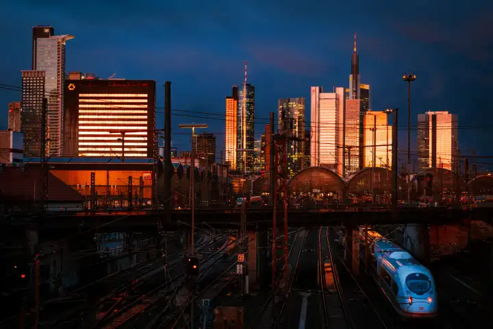 Skyline of Frankfurt/Main in the evening light after a storm.