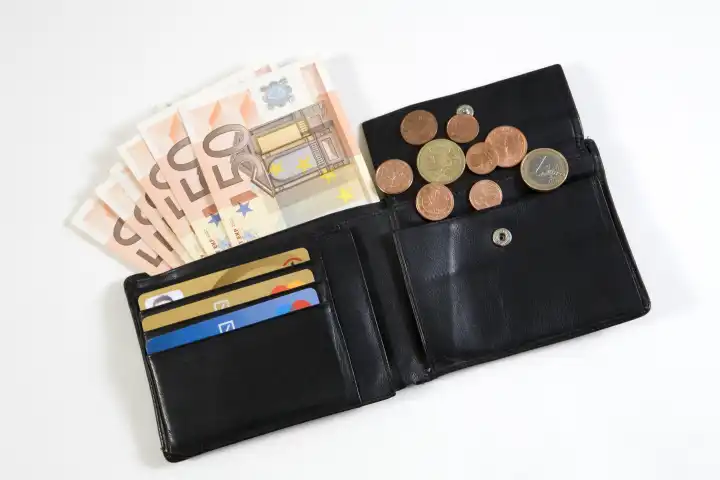 geöffnete Brieftasche mit Kreditkarten, Geldscheinen und Münzen