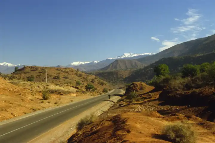 road in a undulating landscape In the rear the snow peaked Atlas mountains