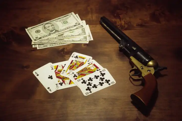Spielkarten mit Geld und Pistole