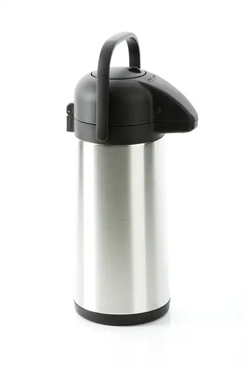 stainless thermos jug on white background