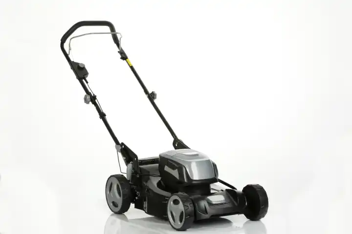 black lawnmower with battery on white background