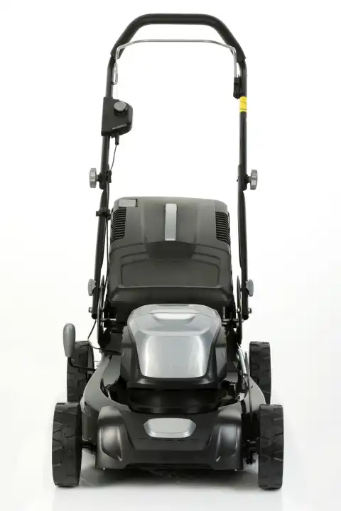black lawnmower with battery on white background