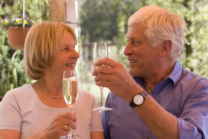 Seniorenehepaar stoÃŸt mit einem Glas Sekt an