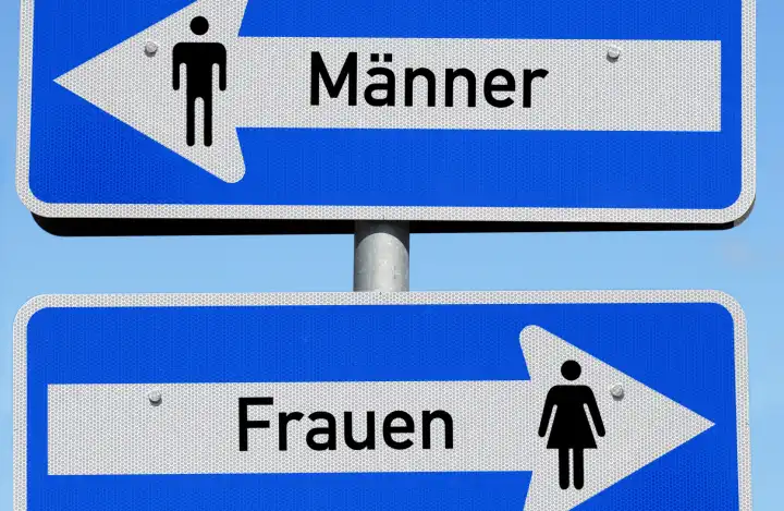 Traffic sign one way street, women and men