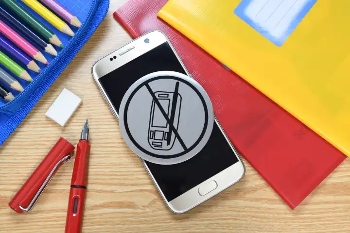 Handy mit Verbotsschild umgeben von Schulutensilien, Symbolfoto für Handyverbot in der Schule