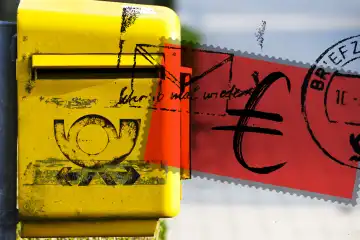 Verblichenes Zeichen der Deutschen Post auf einem Briefkasten und Eurozeichen auf einer Briefmarke, Symbolfoto Portoerhöhung