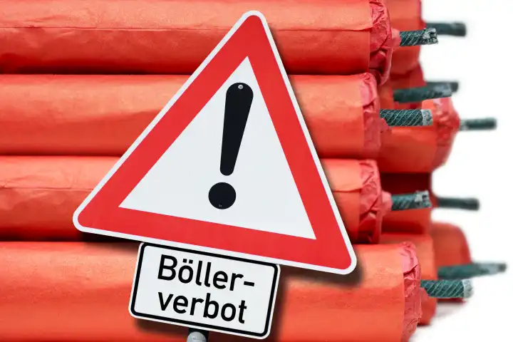 Gestapelte Böller und Warnschild Böllerverbot, Symbolfoto Böllerverbot in Städten