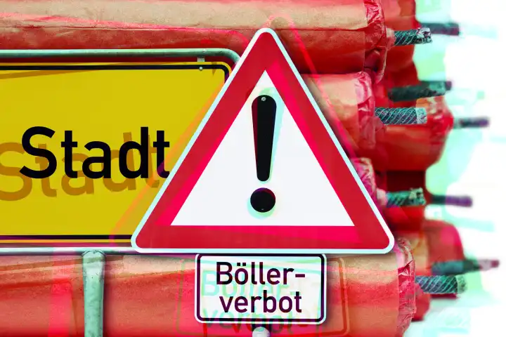 Gestapelte Böller, Stadt-Schild und Warnschild Böllerverbot, Symbolfoto Böllerverbot in Städten