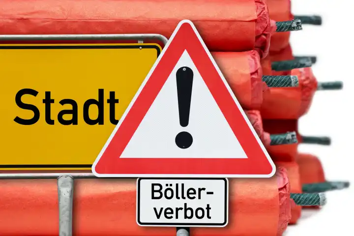 Gestapelte Böller, Stadt-Schild und Warnschild Böllerverbot, Symbolfoto Böllerverbot in Städten