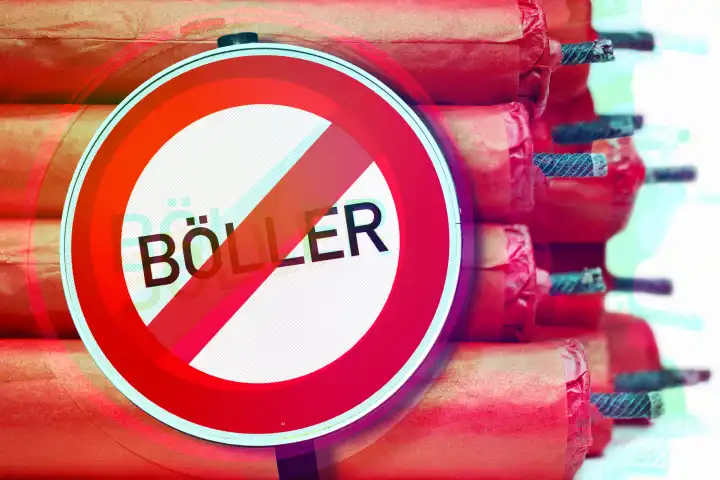 Gestapelte Böller und Böllerverbotsschild, Symbolfoto Böllerverbot in Städten