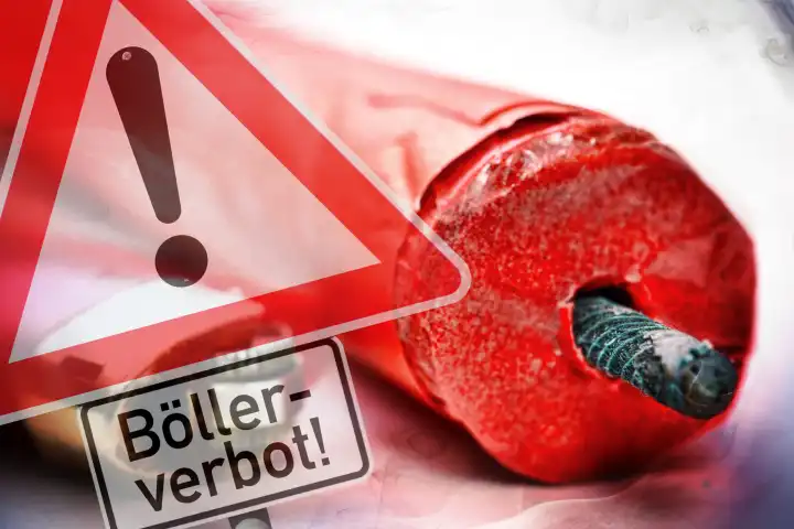 Böller und Schild, Symbolfoto Böllerverbot
