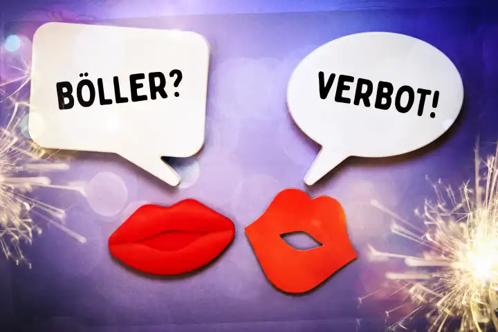 Mouths and speech bubbles, German words for ban on firecrackers
