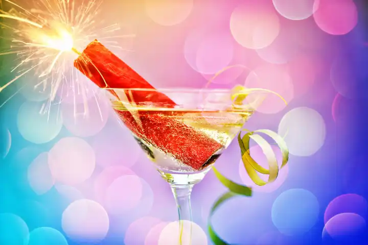 Firecracker and garland in a champagne glass, New Year