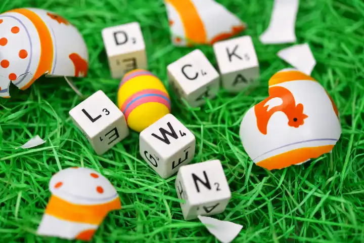 Letter cubes and Easter egg forming the word lockdown