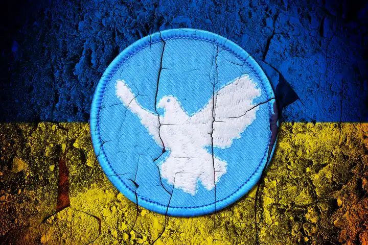 Peace dove patch on flag of Ukraine, Ukraine war