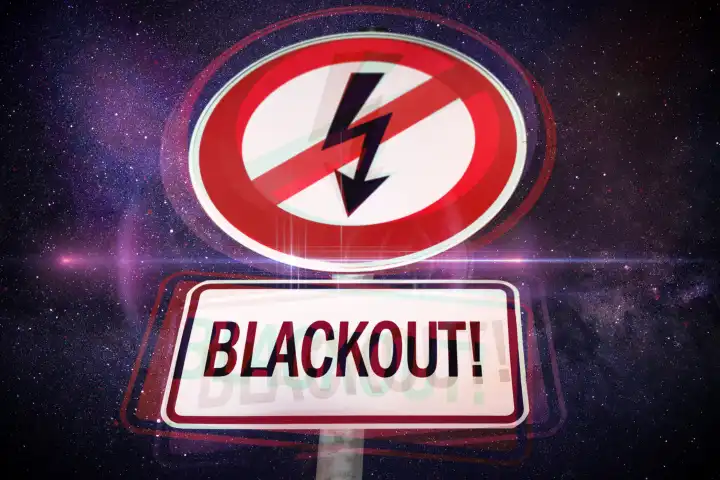 Schild mit durchgestrichenem Strompfeil und der Aufschrift Blackout