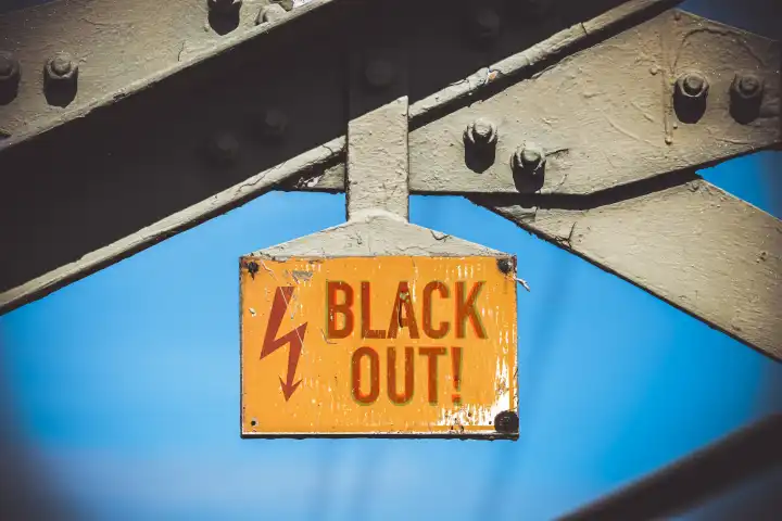 Hochspannungsmast mit Schild und Aufschrift Blackout, Symbolfoto Stromausfall
