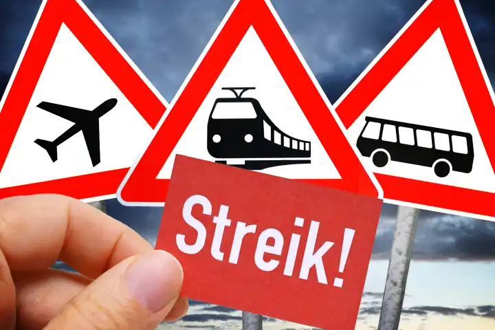 Hand hält Schild mit Aufschrift Streik vor Schildern mit Symbolen von Bahn, Bus und Flugzeug