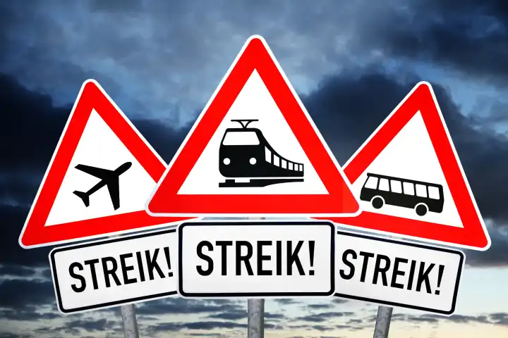 Schilder mit Aufschrift Streik und Symbolen von Bahn, Bus und Flugzeug
