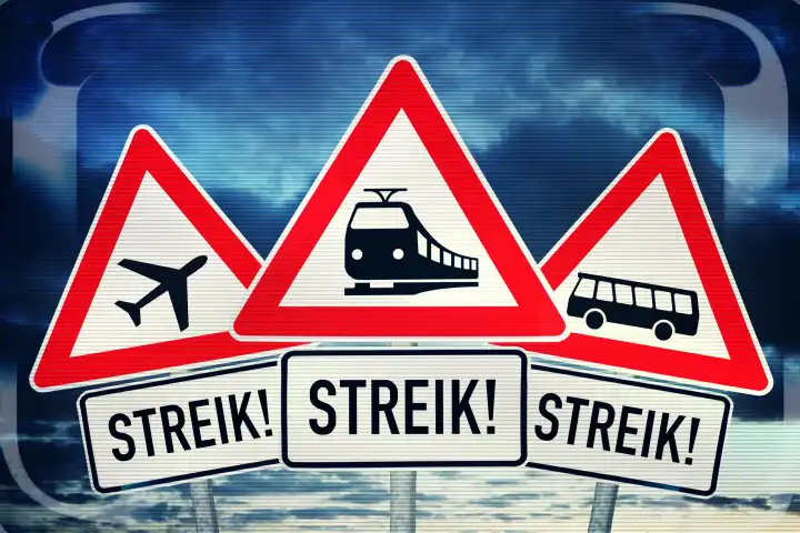 Schilder mit Aufschrift Streik und Symbolen von Bahn, Bus und Flugzeug