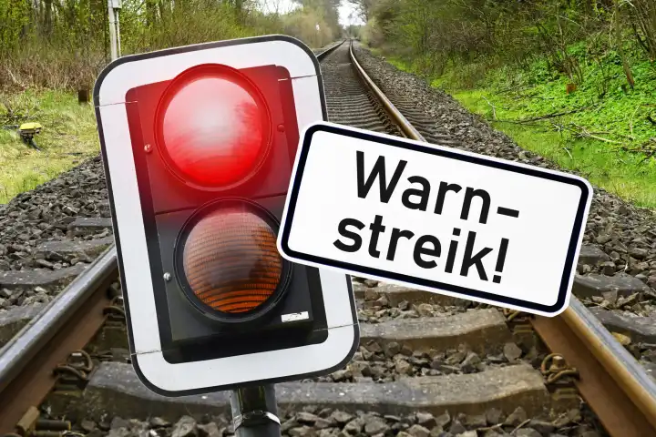 Red railroad stop signal and sign with inscription warning strike in front of free railroad line, symbol photo railroad strike