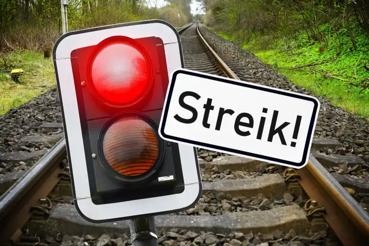 Rotes Bahn-Haltesignal und Schild mit Aufschrift Streik vor freier Bahnstrecke, Symbolfoto Bahnstreik