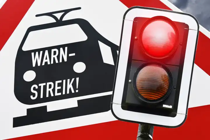 Bahnschild mit Aufschrift Warnstreik und rotes Haltesignal