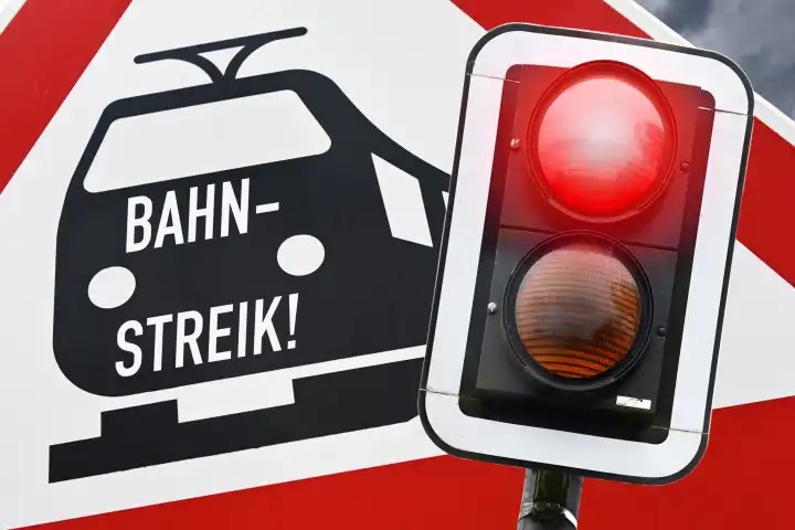 Bahnschild mit Aufschrift Bahnstreik und rotes Haltesignal