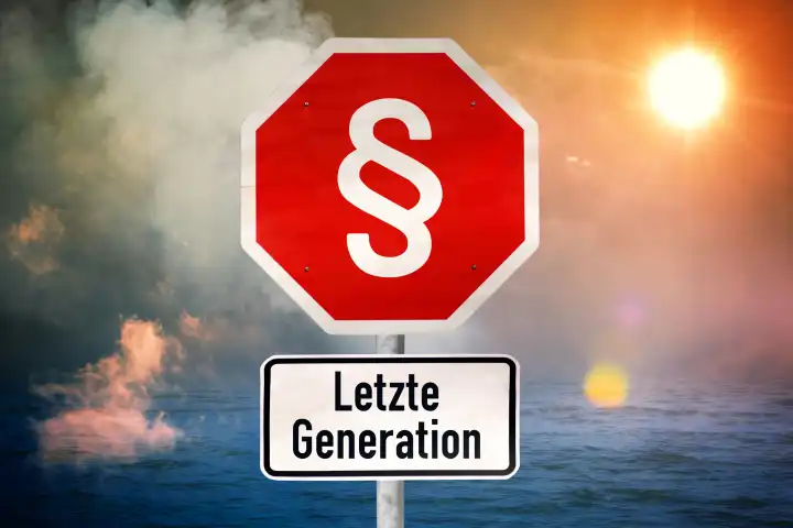 Paragrafensymbol auf Stopschild und Schild mit Aufschrift Letzte Generation, Symbolfoto für das polizeiliche und juristische Vorgehen gegen die Letzte Generation