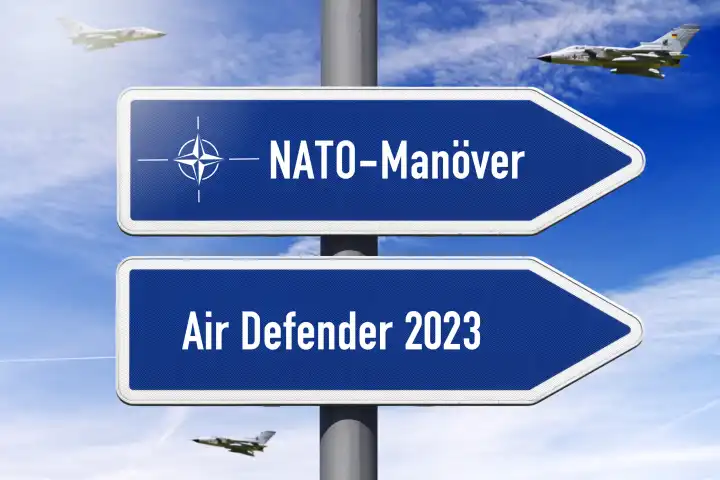Signpost with inscription NATO exercise and Air Defender 2023, NATO air maneuver.