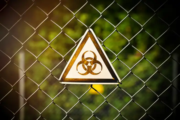 Gefahrenschild mit Biogefährdungszeichen, Symbolfoto Gentechnik