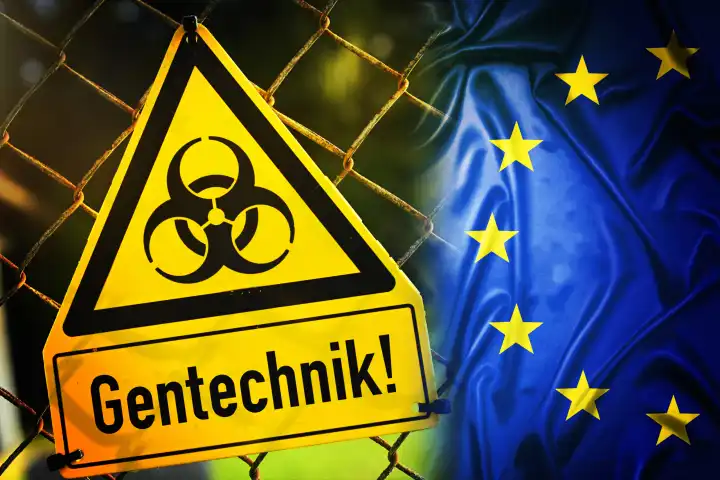 Gefahrenschild mit Biogefährdungszeichen, Aufschrift Gentechnik und EU-Fahne