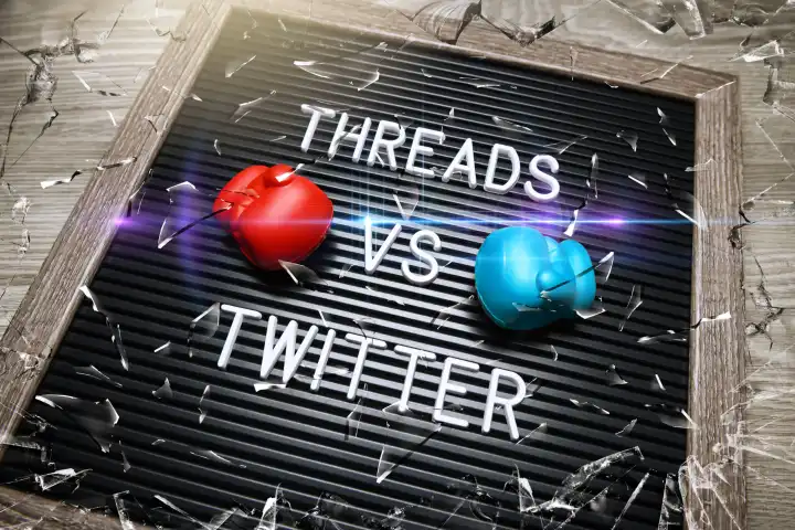 Auf einer Tafel mit Boxhandschuhen steht Threads vs Twitter, neuer Kurznachrichtendienst Threads will Twitter Konkurrenz machen
