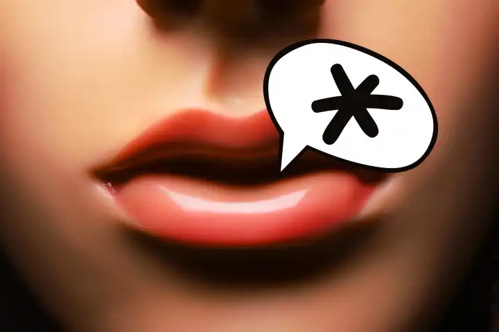 Mouth of a woman figure with speech bubble and gender star, symbol photo gender language