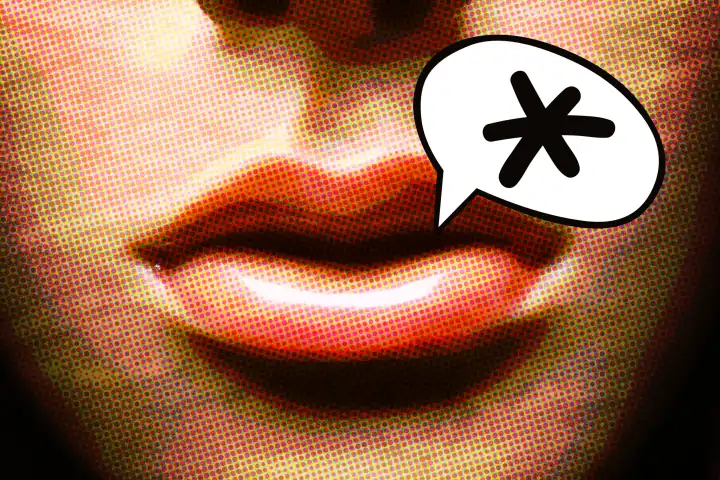 Mouth of a woman figure with speech bubble and gender star, symbol photo gender language