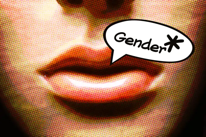 Mund einer Frauenfigur mit Sprechblase, Schriftzug Gender und Gendersternchen, Symbolfoto Gendersprache