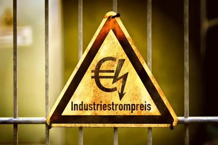 Schild mit Strompfeil, Eurozeichen und dem Schriftzug Industriestrompreis, Fotomontage