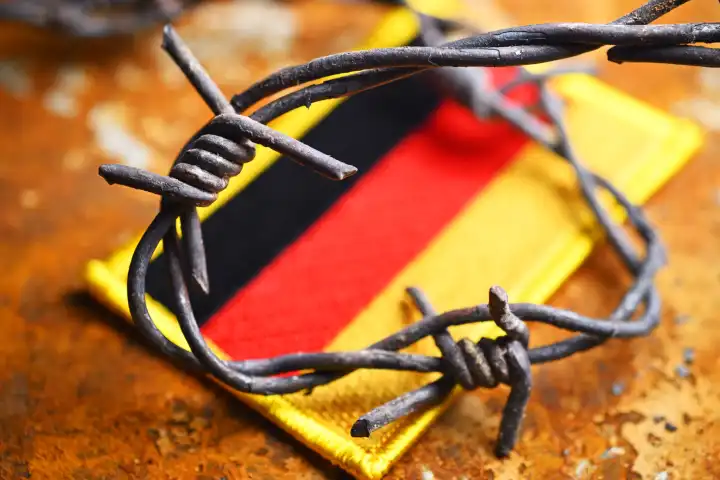 Stacheldraht auf Deutschland-Fahne, Symbolfoto Migrationskrise