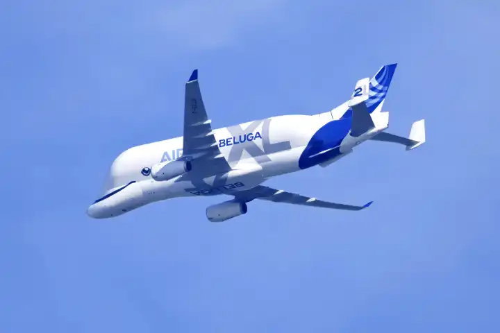 Airbus Beluga XL transport plane over Hamburg, Germany