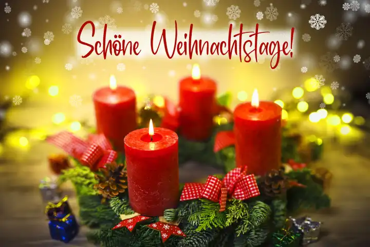 Adventskranz mit vier brennenden Kerzen und dem Schriftzug Schöne Weihnachtstage, Fotomontage