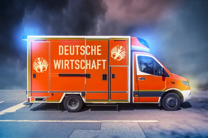 Rettungswagen mit Aufschrift Deutsche Wirtschaft, Fotomontage