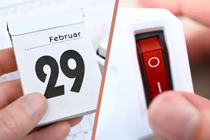Hand mit Kalenderblatt vom 29. Februar und Schalter, Symbolfoto Schaltjahr, Fotomontage