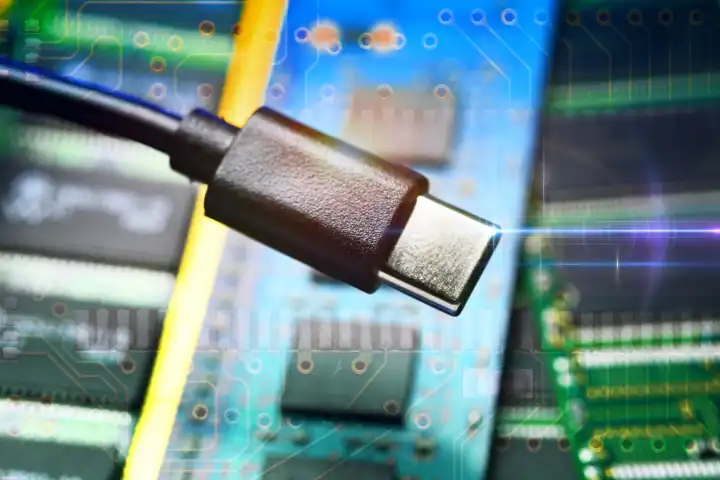 USB-C-Stecker auf Computerplatinen, USB-C als Standardladeanschluss in der EU, Fotomontage
