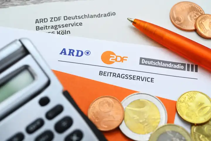 Letter from ARD ZDF Deutschlandradio Beitragsservice with calculator and coins, symbolic photo Increase in the broadcasting fee